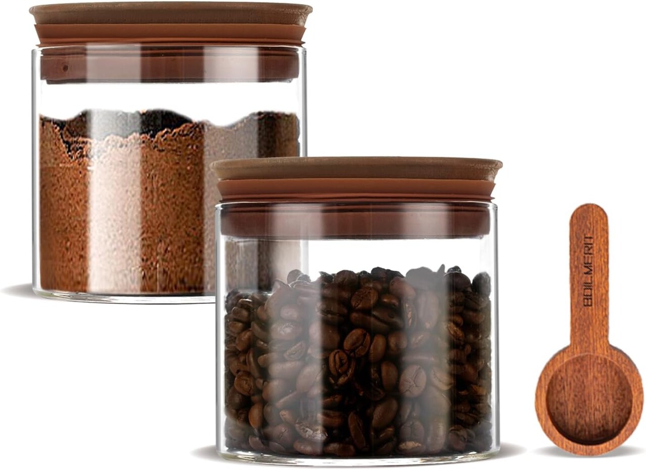 Glass Coffee Canisters Set of 2 500ml Airtight with Wooden Lids and Scoop